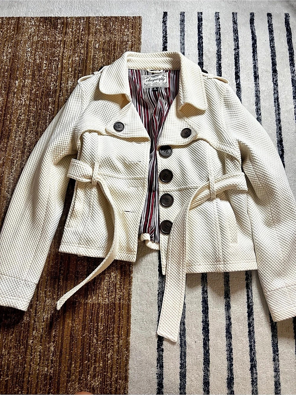 Sugarfly Textured Belted Trench Jacket in White Size XL